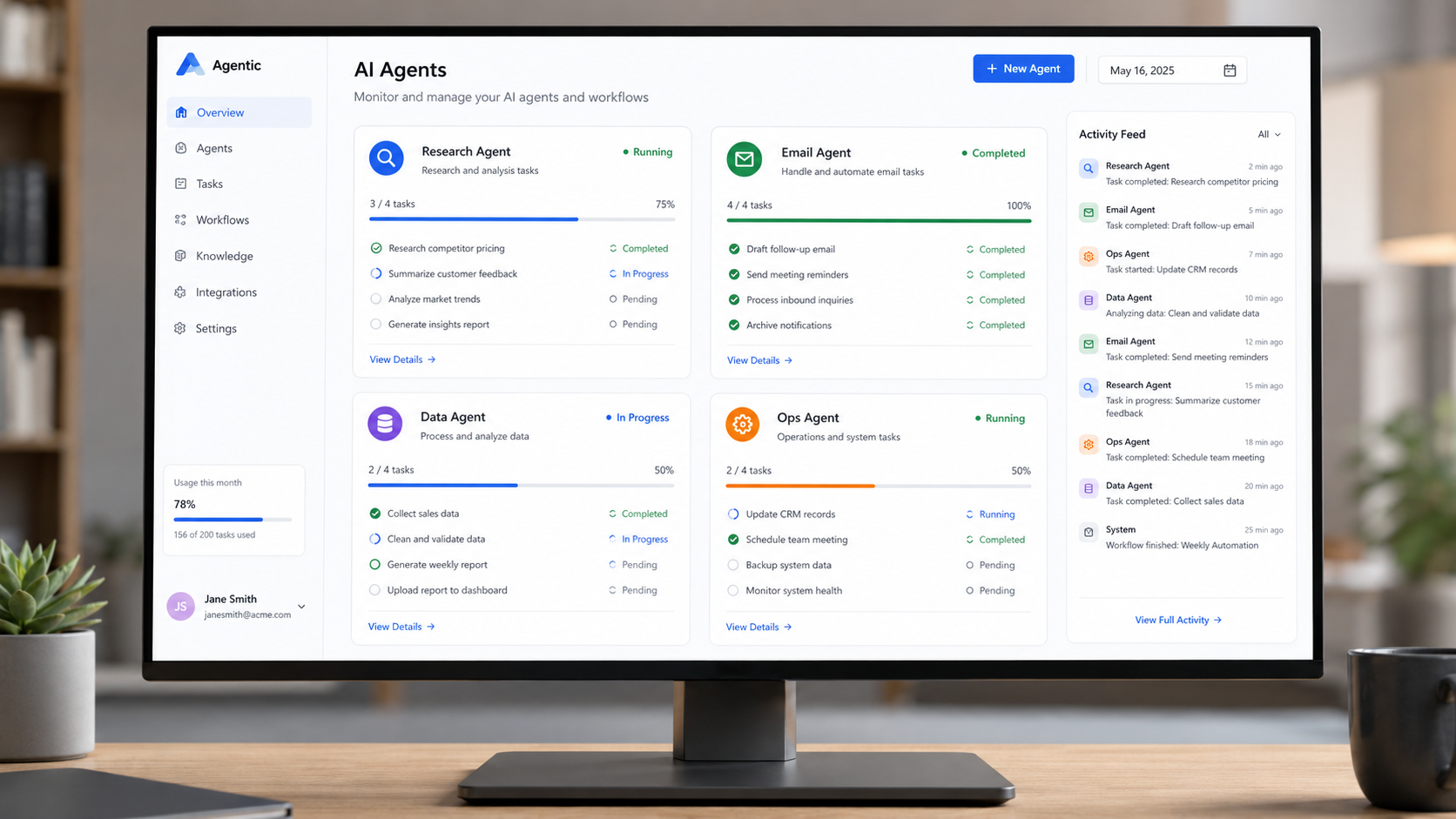 AI agents dashboard with research, email, data, and ops agents
