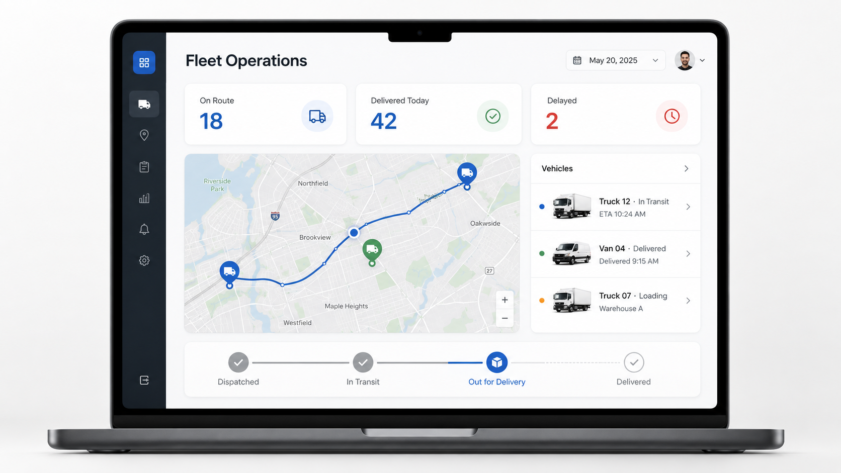 Fleet management interface with map routes and vehicle statuses