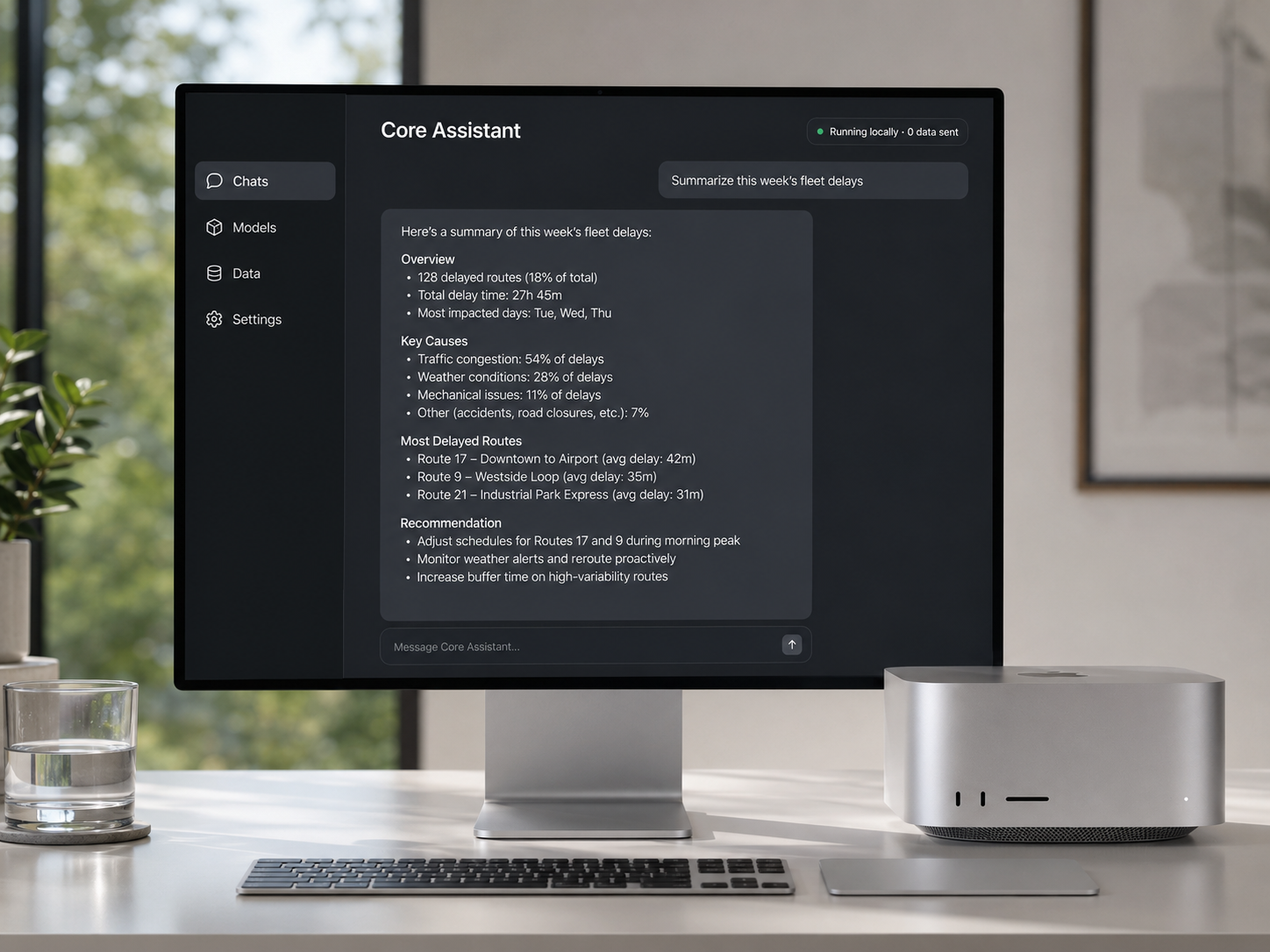 Private LLM assistant running locally on a desktop Mac with fleet analytics